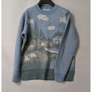 Ricki's Landscape Scene Sheep Sweater Blue Green Cabin Scenic Knit Size Small